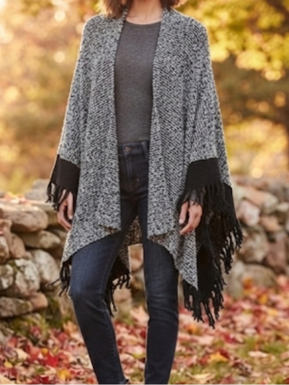 CAbi #3361 Pepper Fringe Trim Shawl Poncho OS